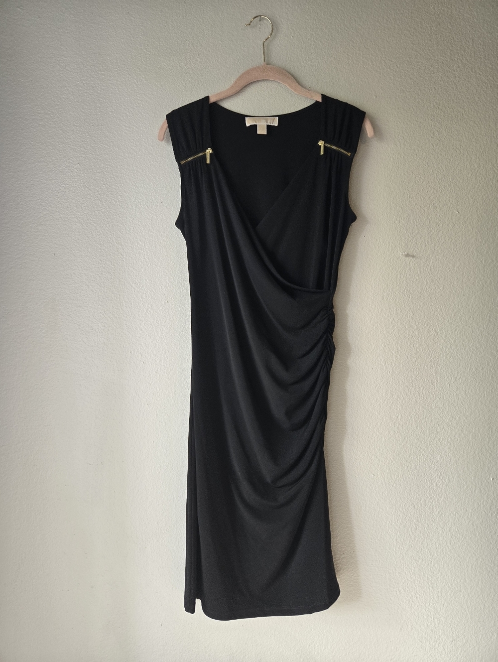 Sleeveless Dress Michael Kors Ruched Wrap Style with Gold Zipper Detail, Size S